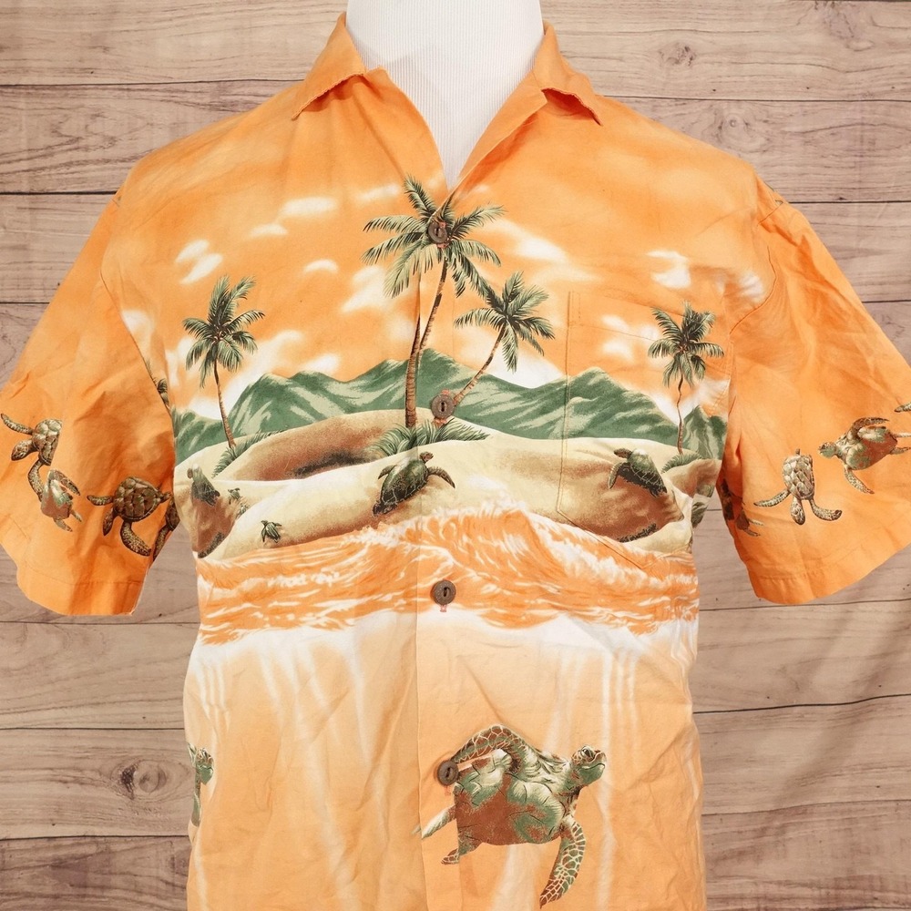 KY'S Shirt Mens L Orange Hawaiian Turtle Short Sleeve Button-Up Cotton Aloha